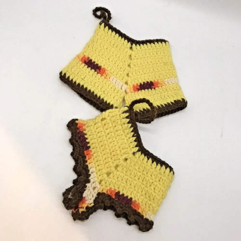 2 Vintage Hand Crocheted His & Hers Pants Potholders Yellow & Brown Hand Crafted